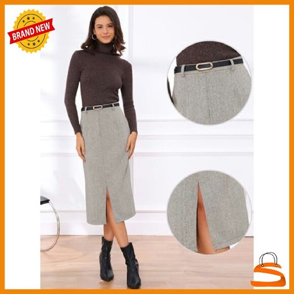 High Waisted Midi Pencil Skirt with Slit & Belt - Office Work Wear - Picture 3 of 6